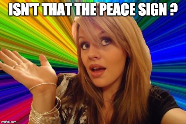 Dumb Blonde Meme | ISN'T THAT THE PEACE SIGN ? | image tagged in memes,dumb blonde | made w/ Imgflip meme maker