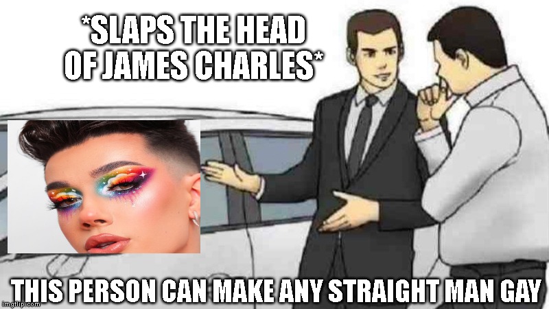 Car Salesman Slaps Roof Of Car Meme | *SLAPS THE HEAD OF JAMES CHARLES*; THIS PERSON CAN MAKE ANY STRAIGHT MAN GAY | image tagged in memes,car salesman slaps roof of car | made w/ Imgflip meme maker