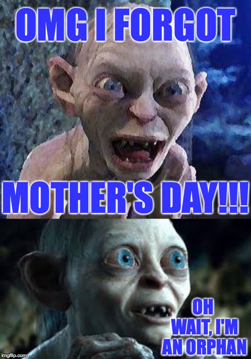 Happy Day After Mother's Day!  ( : | OMG I FORGOT; MOTHER'S DAY!!! OH WAIT, I'M AN ORPHAN | image tagged in nasty caches precious,memes,orphans,mother's day | made w/ Imgflip meme maker