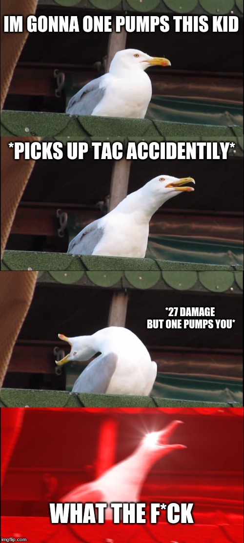 Inhaling Seagull Meme | IM GONNA ONE PUMPS THIS KID; *PICKS UP TAC ACCIDENTILY*; *27 DAMAGE BUT ONE PUMPS YOU*; WHAT THE F*CK | image tagged in memes,inhaling seagull | made w/ Imgflip meme maker