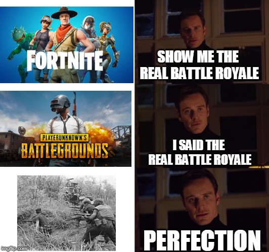 perfection | SHOW ME THE REAL BATTLE ROYALE; I SAID THE REAL BATTLE ROYALE; PERFECTION | image tagged in perfection,fortnite,pubg,war | made w/ Imgflip meme maker