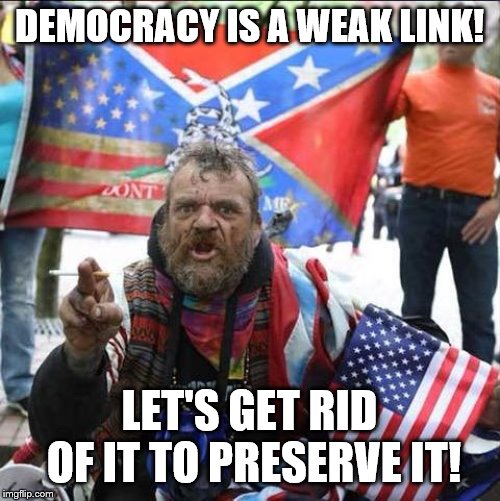 conservative alt right tardo | DEMOCRACY IS A WEAK LINK! LET'S GET RID OF IT TO PRESERVE IT! | image tagged in conservative alt right tardo | made w/ Imgflip meme maker