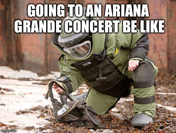 Bomb squad guy | GOING TO AN ARIANA GRANDE CONCERT BE LIKE | image tagged in bomb squad guy | made w/ Imgflip meme maker