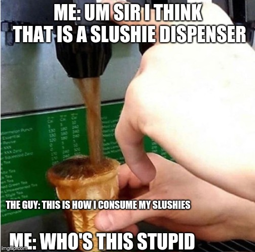 Who's this stupid | ME: UM SIR I THINK THAT IS A SLUSHIE DISPENSER; THE GUY: THIS IS HOW I CONSUME MY SLUSHIES; ME: WHO'S THIS STUPID | image tagged in who's this stupid | made w/ Imgflip meme maker