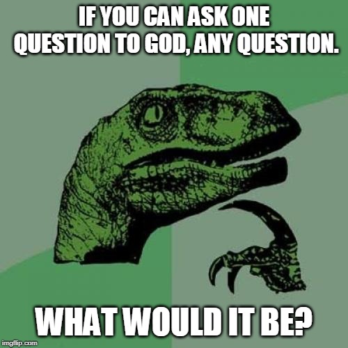 Philosoraptor | IF YOU CAN ASK ONE QUESTION TO GOD, ANY QUESTION. WHAT WOULD IT BE? | image tagged in memes,philosoraptor,questions,god | made w/ Imgflip meme maker