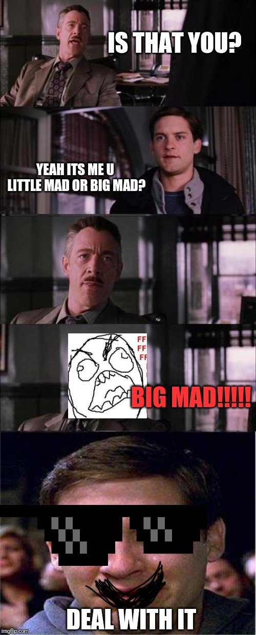 Peter Parker Cry | IS THAT YOU? YEAH ITS ME U LITTLE MAD OR BIG MAD? BIG MAD!!!!! DEAL WITH IT | image tagged in memes,peter parker cry | made w/ Imgflip meme maker