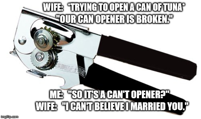 Can't Opener |  WIFE:   *TRYING TO OPEN A CAN OF TUNA*; "OUR CAN OPENER IS BROKEN."; ME:   "SO IT'S A CAN'T OPENER?"; WIFE:   "I CAN'T BELIEVE I MARRIED YOU." | image tagged in can opener,wife,dad joke,meme,married,stupid joke | made w/ Imgflip meme maker