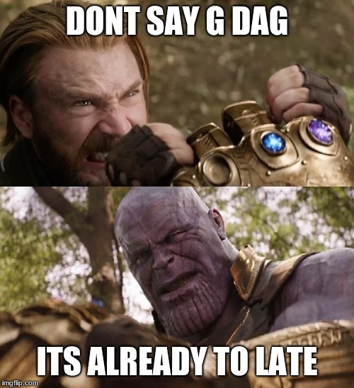 Avengers Infinity War Cap vs Thanos | DONT SAY G DAG; IT'S ALREADY TO LATE | image tagged in avengers infinity war cap vs thanos | made w/ Imgflip meme maker