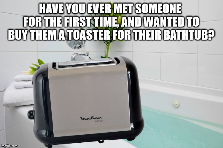 Bathtub Toaster | HAVE YOU EVER MET SOMEONE FOR THE FIRST TIME, AND WANTED TO BUY THEM A TOASTER FOR THEIR BATHTUB? | image tagged in toaster,bathtub,stupid people,shocking,ouch | made w/ Imgflip meme maker