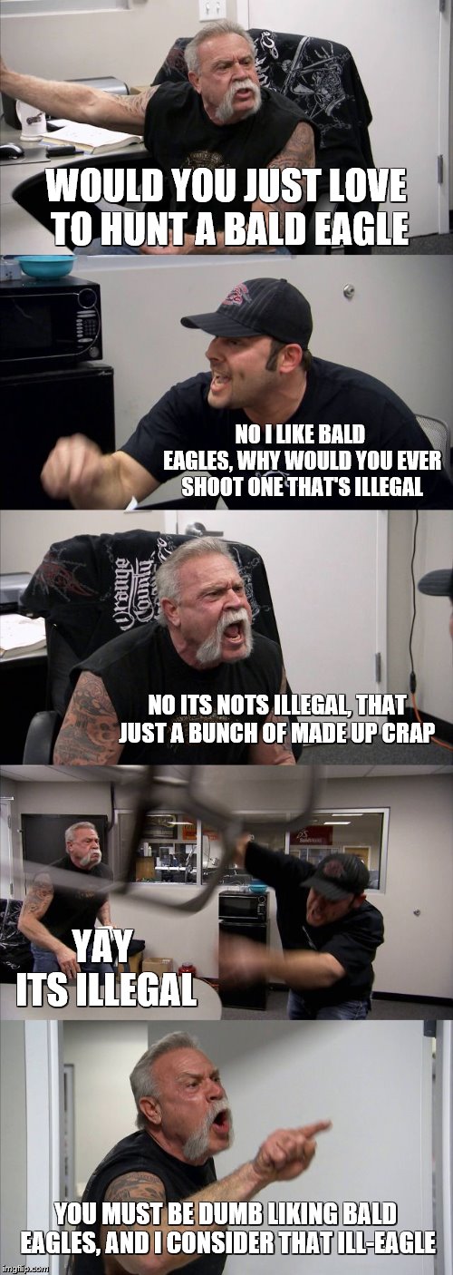 American Chopper Argument | WOULD YOU JUST LOVE TO HUNT A BALD EAGLE; NO I LIKE BALD EAGLES, WHY WOULD YOU EVER SHOOT ONE THAT'S ILLEGAL; NO ITS NOTS ILLEGAL, THAT JUST A BUNCH OF MADE UP CRAP; YAY ITS ILLEGAL; YOU MUST BE DUMB LIKING BALD EAGLES, AND I CONSIDER THAT ILL-EAGLE | image tagged in american chopper argument,wait thats illegal,why not,bald eagle,say that again i dare you,stop breaking the law asshole | made w/ Imgflip meme maker
