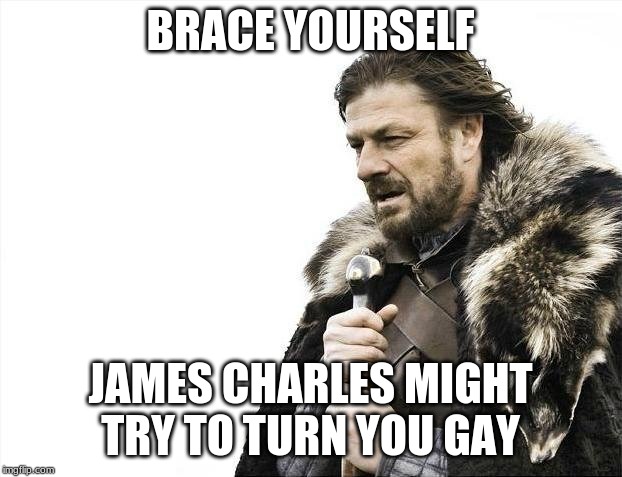 Brace Yourselves X is Coming Meme | BRACE YOURSELF; JAMES CHARLES MIGHT TRY TO TURN YOU GAY | image tagged in memes,brace yourselves x is coming | made w/ Imgflip meme maker