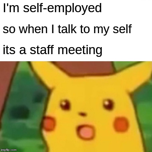 Surprised Pikachu Meme | I'm self-employed; so when I talk to my self; its a staff meeting | image tagged in memes,surprised pikachu | made w/ Imgflip meme maker