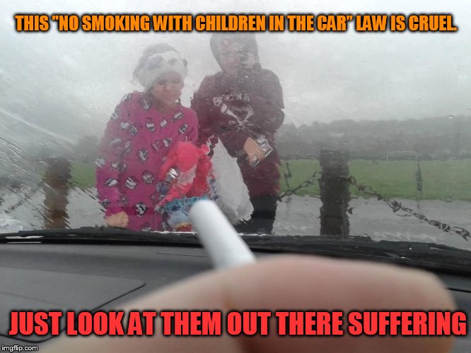 For the record, I don't smoke LOL | THIS ''NO SMOKING WITH CHILDREN IN THE CAR” LAW IS CRUEL. JUST LOOK AT THEM OUT THERE SUFFERING | image tagged in memes,smoking,no smoking,cars,rain,law | made w/ Imgflip meme maker