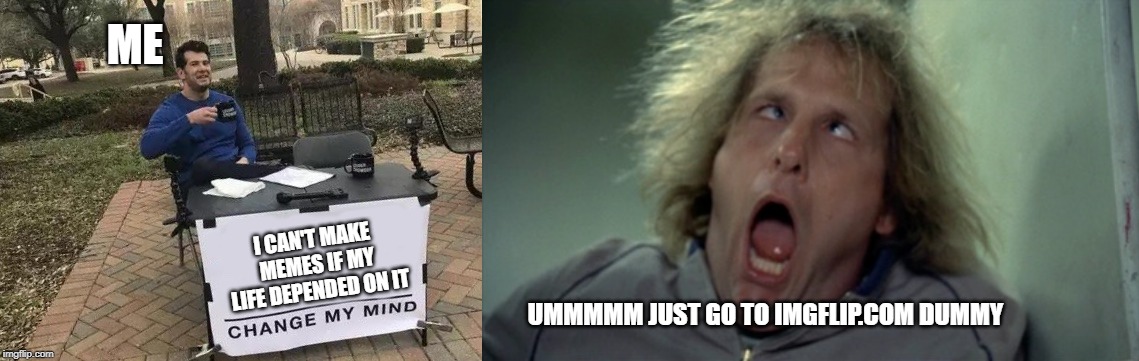 ME; I CAN'T MAKE MEMES IF MY LIFE DEPENDED ON IT; UMMMMM JUST GO TO IMGFLIP.COM DUMMY | image tagged in memes,scary harry,change my mind | made w/ Imgflip meme maker