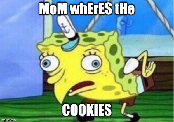 Mocking Spongebob | MoM whErES tHe; COOKIES | image tagged in memes,mocking spongebob | made w/ Imgflip meme maker