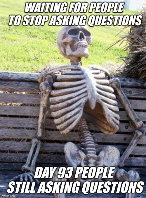 Waiting Skeleton Meme | WAITING FOR PEOPLE TO STOP ASKING QUESTIONS; DAY 93 PEOPLE STILL ASKING QUESTIONS | image tagged in memes,waiting skeleton | made w/ Imgflip meme maker