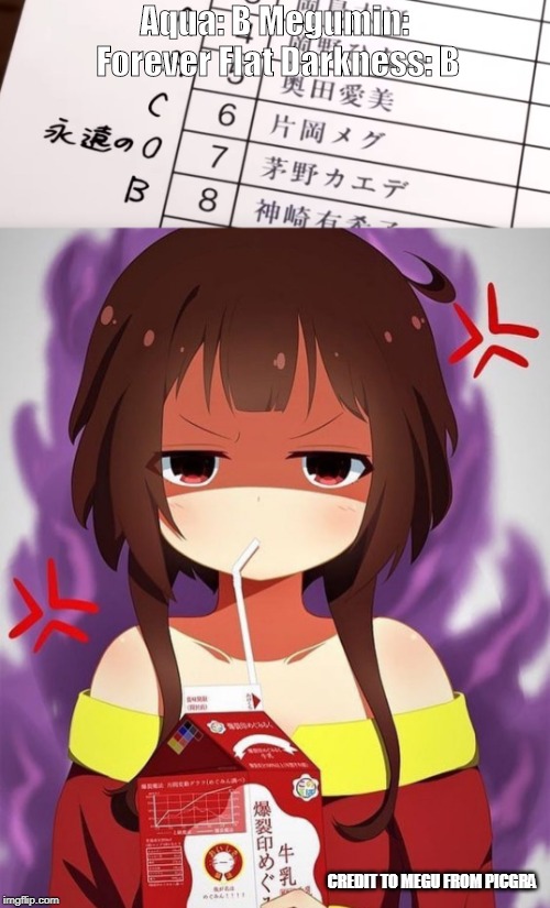 Aqua: B Megumin: Forever Flat Darkness: B; CREDIT TO MEGU FROM PICGRA | made w/ Imgflip meme maker