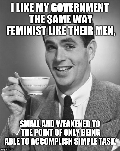 Man drinking coffee | I LIKE MY GOVERNMENT THE SAME WAY FEMINIST LIKE THEIR MEN, SMALL AND WEAKENED TO THE POINT OF ONLY BEING ABLE TO ACCOMPLISH SIMPLE TASK. | image tagged in man drinking coffee | made w/ Imgflip meme maker