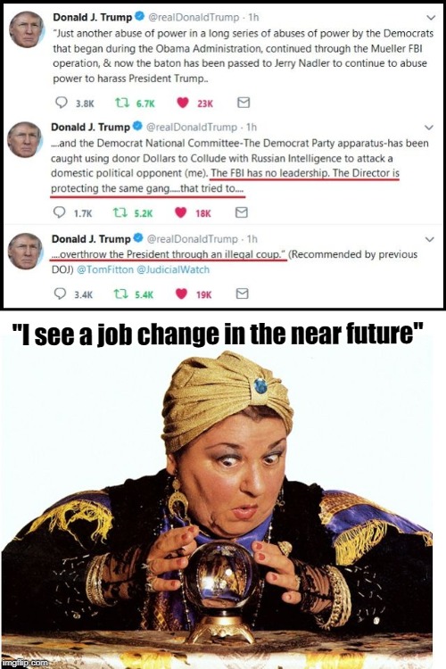 Christopher Wray gets his fortune told | "I see a job change in the near future" | image tagged in christopher wray,donald trump,fbi | made w/ Imgflip meme maker