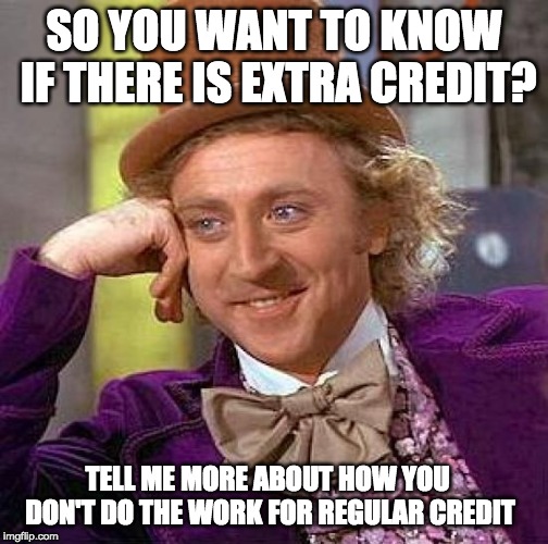 Creepy Condescending Wonka | SO YOU WANT TO KNOW IF THERE IS EXTRA CREDIT? TELL ME MORE ABOUT HOW YOU DON'T DO THE WORK FOR REGULAR CREDIT | image tagged in memes,creepy condescending wonka | made w/ Imgflip meme maker