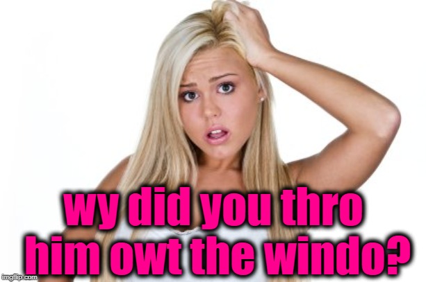 Dumb Blonde | wy did you thro him owt the windo? | image tagged in dumb blonde | made w/ Imgflip meme maker