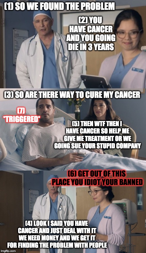 Just OK Surgeon commercial | (1) SO WE FOUND THE PROBLEM; (2) YOU HAVE CANCER AND YOU GOING DIE IN 3 YEARS; (7) *TRIGGERED*; (3) SO ARE THERE WAY TO CURE MY CANCER; (5) THEN WTF THEN I HAVE CANCER SO HELP ME GIVE ME TREATMENT OR WE GOING SUE YOUR STUPID COMPANY; (6) GET OUT OF THIS PLACE YOU IDIOT YOUR BANNED; (4) LOOK I SAID YOU HAVE CANCER AND JUST DEAL WITH IT WE NEED MONEY AND WE GET IT FOR FINDING THE PROBLEM WITH PEOPLE | image tagged in just ok surgeon commercial | made w/ Imgflip meme maker