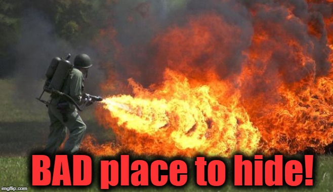 Flame thrower | BAD place to hide! | image tagged in flame thrower | made w/ Imgflip meme maker