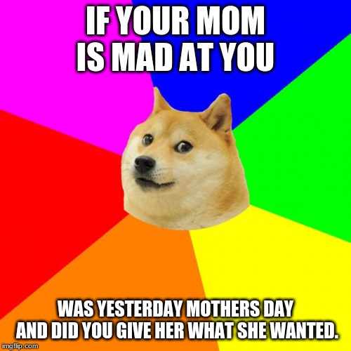 Advice Doge Meme | IF YOUR MOM IS MAD AT YOU; WAS YESTERDAY MOTHERS DAY AND DID YOU GIVE HER WHAT SHE WANTED. | image tagged in memes,advice doge | made w/ Imgflip meme maker