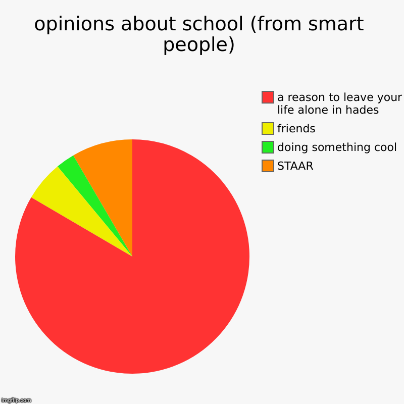 opinions about school (from smart people) | STAAR, doing something cool, friends, a reason to leave your life alone in hades | image tagged in charts,pie charts | made w/ Imgflip chart maker