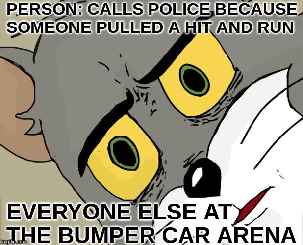 unsettled tom | PERSON: CALLS POLICE BECAUSE SOMEONE PULLED A HIT AND RUN; EVERYONE ELSE AT THE BUMPER CAR ARENA | image tagged in memes,unsettled tom,car,funny,dank,haha | made w/ Imgflip meme maker