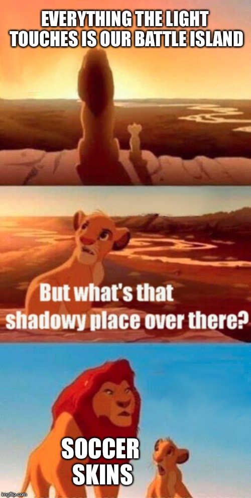 Simba Shadowy Place | EVERYTHING THE LIGHT TOUCHES IS OUR BATTLE ISLAND; SOCCER SKINS | image tagged in memes,simba shadowy place | made w/ Imgflip meme maker