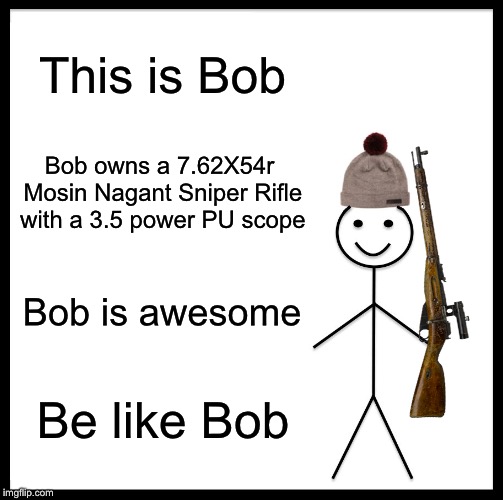 Be Like Bill | This is Bob; Bob owns a 7.62X54r Mosin Nagant Sniper Rifle with a 3.5 power PU scope; Bob is awesome; Be like Bob | image tagged in memes,be like bill | made w/ Imgflip meme maker