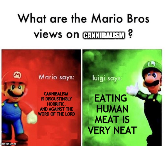 Mario Bros Views | CANNIBALISM; CANNIBALISM IS DISGUSTINGLY HORRIFIC, AND AGAINST THE WORD OF THE LORD; EATING HUMAN MEAT IS VERY NEAT | image tagged in mario bros views | made w/ Imgflip meme maker