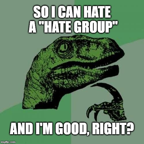 Philosoraptor Meme | SO I CAN HATE A "HATE GROUP"; AND I'M GOOD, RIGHT? | image tagged in memes,philosoraptor | made w/ Imgflip meme maker