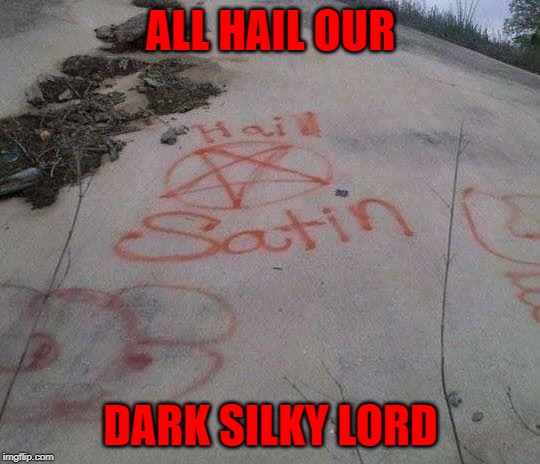 He's just a softy... | ALL HAIL OUR; DARK SILKY LORD | image tagged in graffiti,memes,hail satin,funny,satan,silky | made w/ Imgflip meme maker