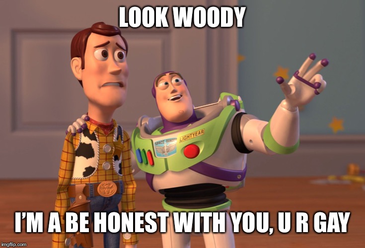 The F*ck was I thinking when I made this | LOOK WOODY; I’M A BE HONEST WITH YOU, U R GAY | image tagged in memes,x x everywhere | made w/ Imgflip meme maker