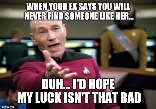 Picard Wtf Meme | WHEN YOUR EX SAYS YOU WILL NEVER FIND SOMEONE LIKE HER... DUH... I'D HOPE MY LUCK ISN'T THAT BAD | image tagged in memes,picard wtf | made w/ Imgflip meme maker