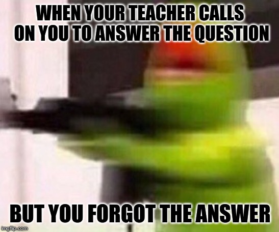 school shooter (muppet) | WHEN YOUR TEACHER CALLS ON YOU TO ANSWER THE QUESTION; BUT YOU FORGOT THE ANSWER | image tagged in school shooter muppet | made w/ Imgflip meme maker