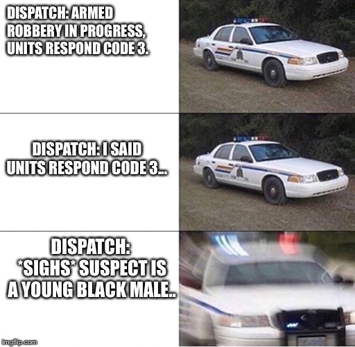 Police Car  | DISPATCH: ARMED ROBBERY IN PROGRESS, UNITS RESPOND CODE 3. DISPATCH: I SAID UNITS RESPOND CODE 3... DISPATCH: *SIGHS* SUSPECT IS A YOUNG BLACK MALE.. | image tagged in police car | made w/ Imgflip meme maker