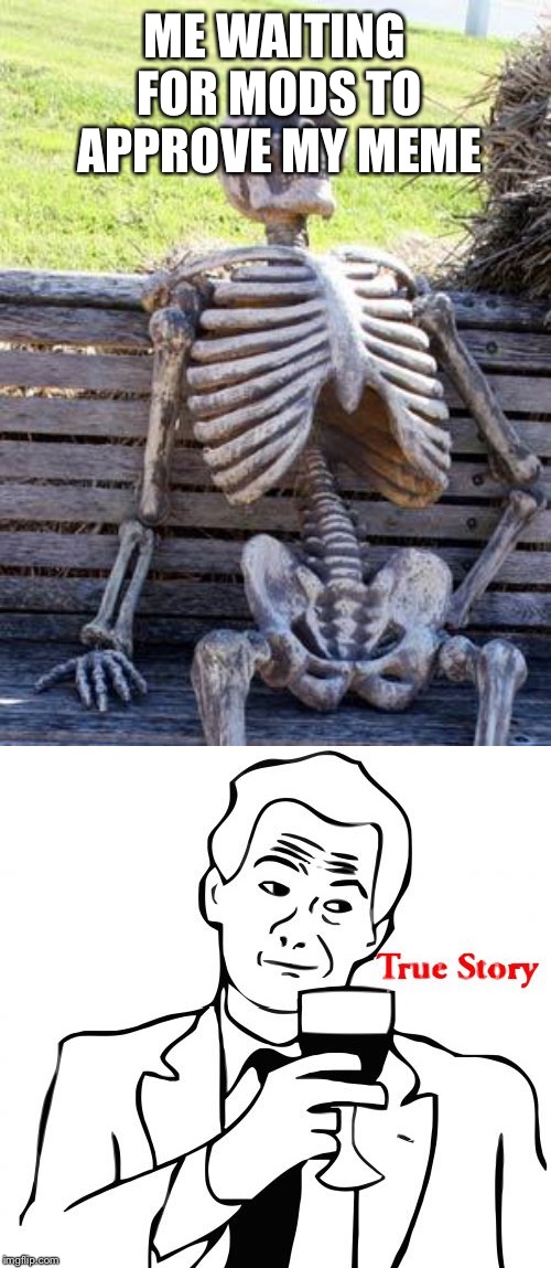 ME WAITING FOR MODS TO APPROVE MY MEME | image tagged in memes,true story,waiting skeleton | made w/ Imgflip meme maker