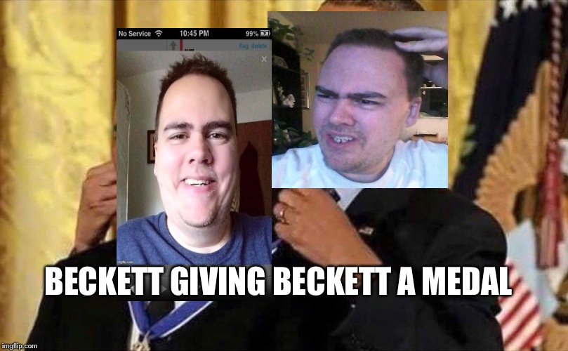 No words can describe this | BECKETT GIVING BECKETT A MEDAL | image tagged in obama medal | made w/ Imgflip meme maker