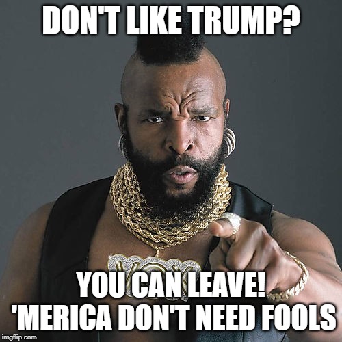 Mr T Pity The Fool | DON'T LIKE TRUMP? YOU CAN LEAVE! 'MERICA DON'T NEED FOOLS | image tagged in memes,mr t pity the fool | made w/ Imgflip meme maker