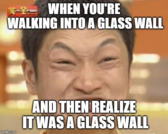 That's A Flat Face Right There! | WHEN YOU'RE WALKING INTO A GLASS WALL; AND THEN REALIZE IT WAS A GLASS WALL | image tagged in memes,impossibru guy original | made w/ Imgflip meme maker