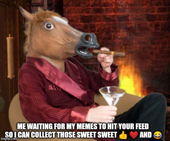 Horse head mask and now we wait | ME WAITING FOR MY MEMES TO HIT YOUR FEED SO I CAN COLLECT THOSE SWEET SWEET 👍 ❤ AND 😂 | image tagged in horse head mask and now we wait | made w/ Imgflip meme maker