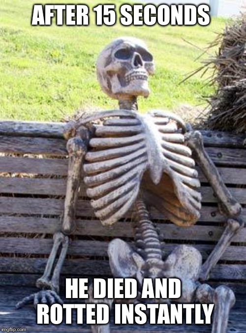 Waiting Skeleton Meme | AFTER 15 SECONDS HE DIED AND ROTTED INSTANTLY | image tagged in memes,waiting skeleton | made w/ Imgflip meme maker