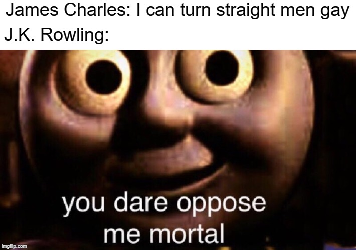 You dare oppose me mortal | James Charles: I can turn straight men gay; J.K. Rowling: | image tagged in you dare oppose me mortal,memes,dank memes,jk rowling | made w/ Imgflip meme maker
