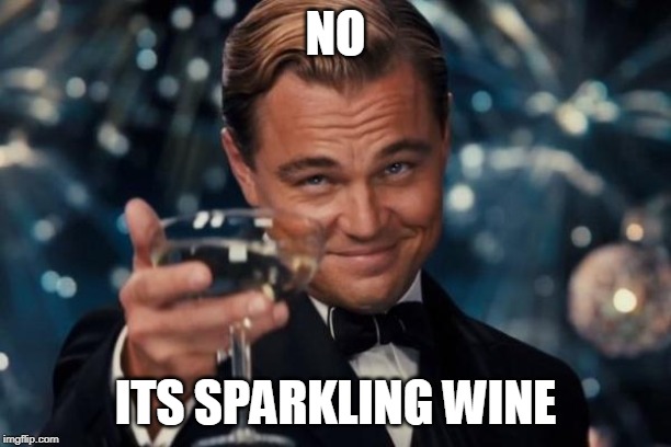 Leonardo Dicaprio Cheers | NO; ITS SPARKLING WINE | image tagged in memes,leonardo dicaprio cheers | made w/ Imgflip meme maker