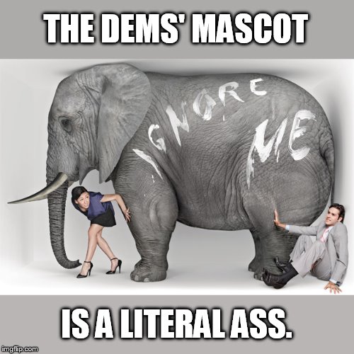 elephant in the room | THE DEMS' MASCOT IS A LITERAL ASS. | image tagged in elephant in the room | made w/ Imgflip meme maker