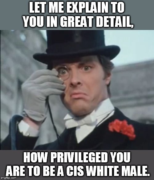 said the privileged elitist | LET ME EXPLAIN TO YOU IN GREAT DETAIL, HOW PRIVILEGED YOU ARE TO BE A CIS WHITE MALE. | image tagged in monocle outrage | made w/ Imgflip meme maker