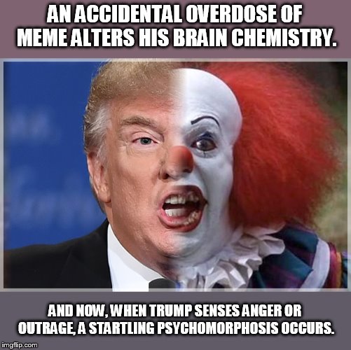 the incredible troll | AN ACCIDENTAL OVERDOSE OF MEME ALTERS HIS BRAIN CHEMISTRY. AND NOW, WHEN TRUMP SENSES ANGER OR OUTRAGE, A STARTLING PSYCHOMORPHOSIS OCCURS. | image tagged in trump pennywise,hulk | made w/ Imgflip meme maker